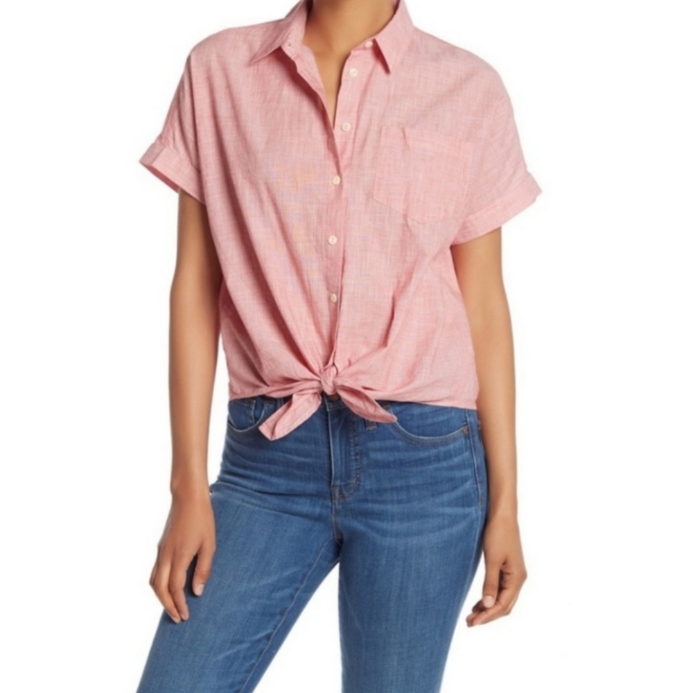 Madewell End on End Cropped Tie Front Button Down Short Sleeve Cotton RedXS